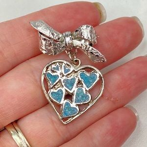 Vintage 90's Southwestern Turquoise Heart Silver Tone Bow Brooch